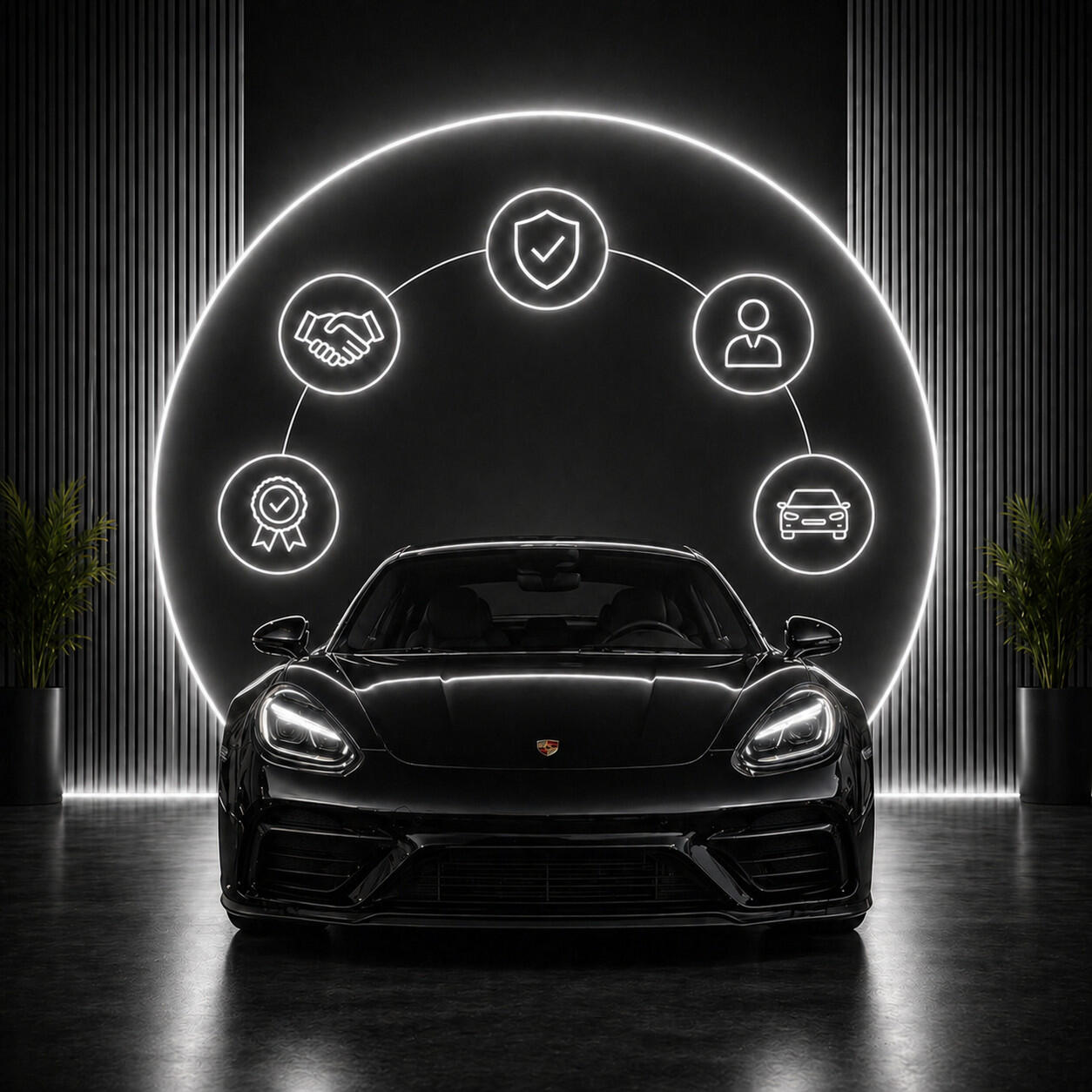 Luxuswagen im futuristischen Showroom Luxuswagen im futuristischen Showroom